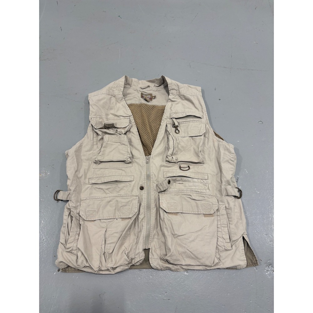 Cabelas Safari Series Mens Khaki Cotton Utility Fishing Photo Vest Large L-REG